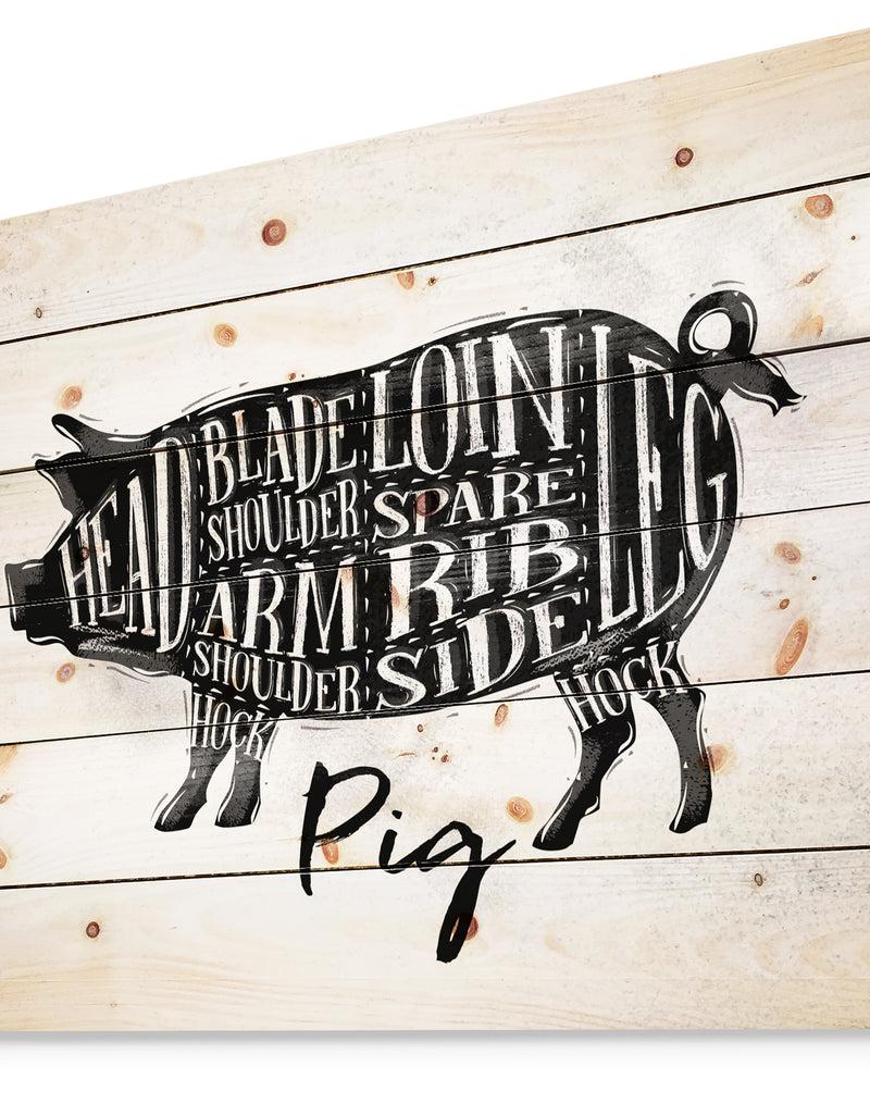 Designq Pig Pork Cutting Scheme - Farmhouse Animal Painting Print On Natural Pine Wood