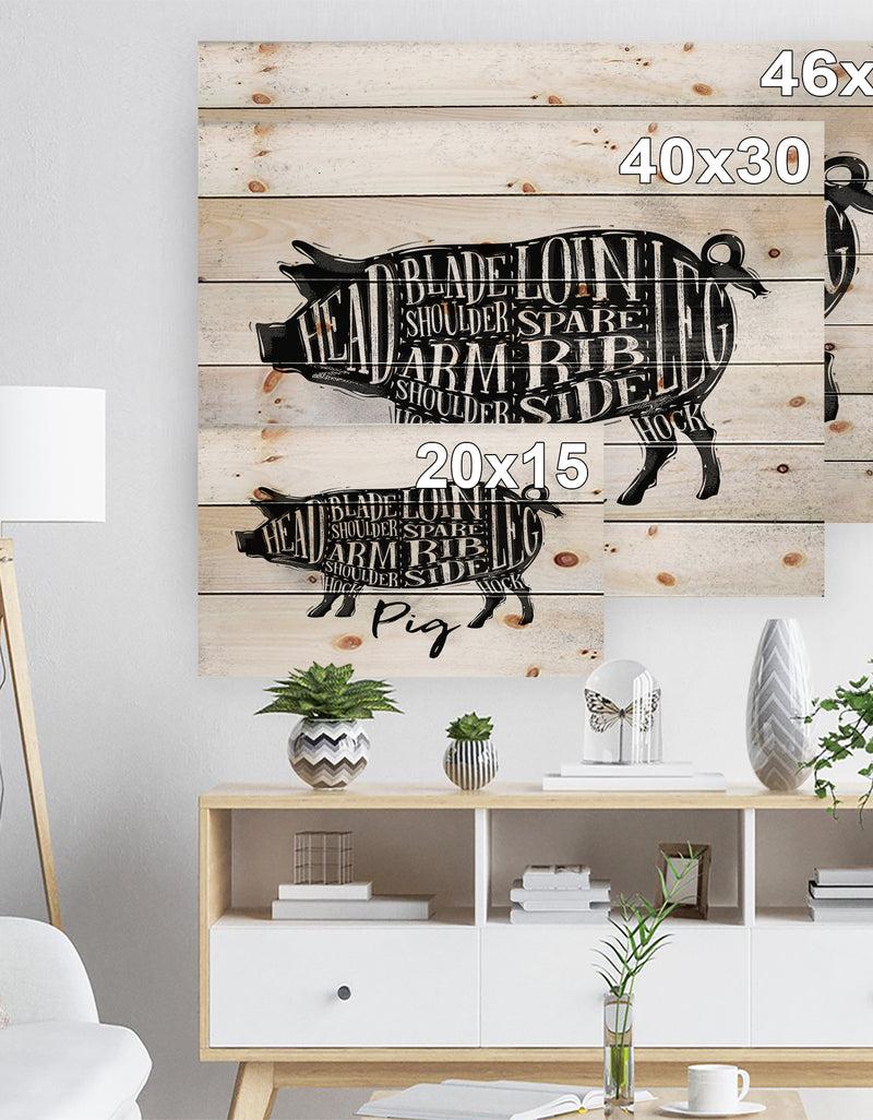 Designq Pig Pork Cutting Scheme - Farmhouse Animal Painting Print On Natural Pine Wood