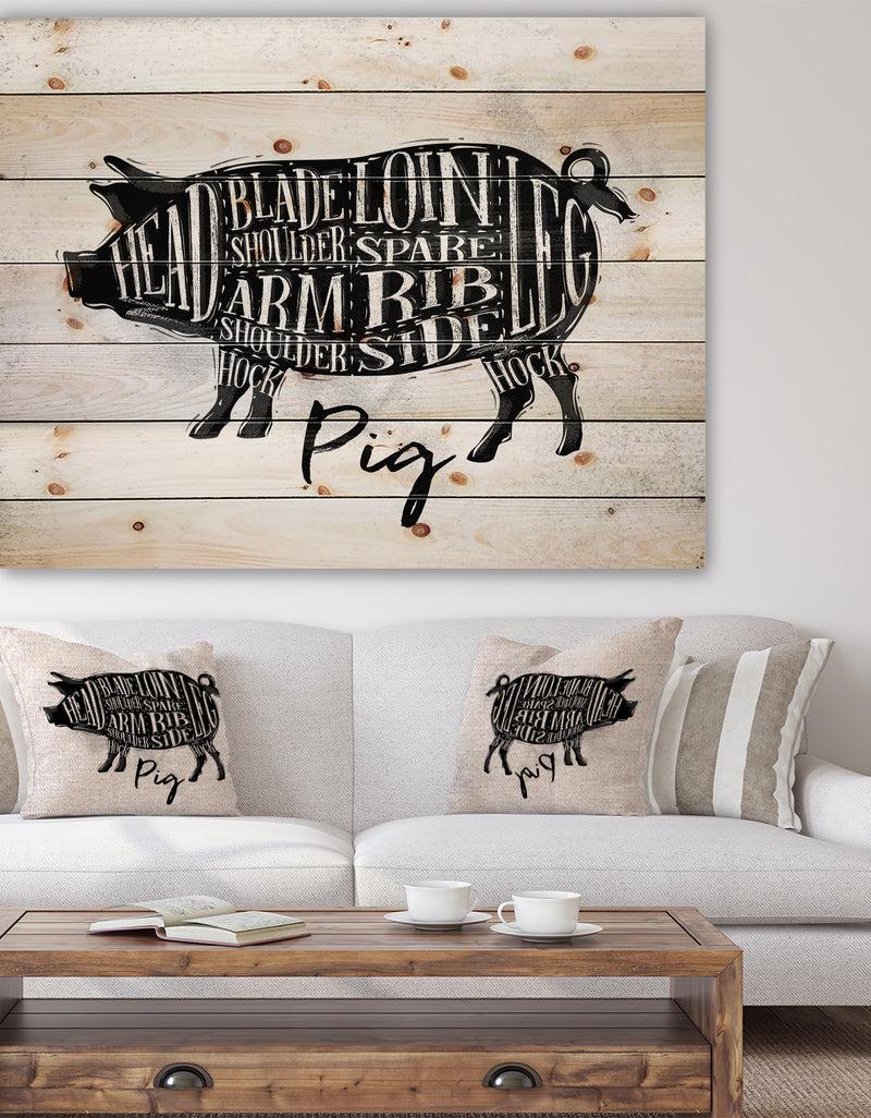 designq Pig pork cutting scheme - Farmhouse Animal Painting Print on Natural Pine Wood