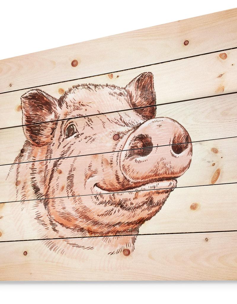 Designq Pig Portrait In Brush Painting - Farmhouse Animal Painting Print On Natural Pine Wood