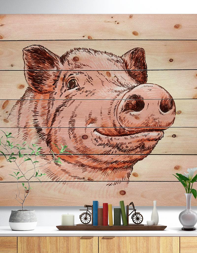 designq Pig Portrait in Brush Painting - Farmhouse Animal Painting Print on Natural Pine Wood