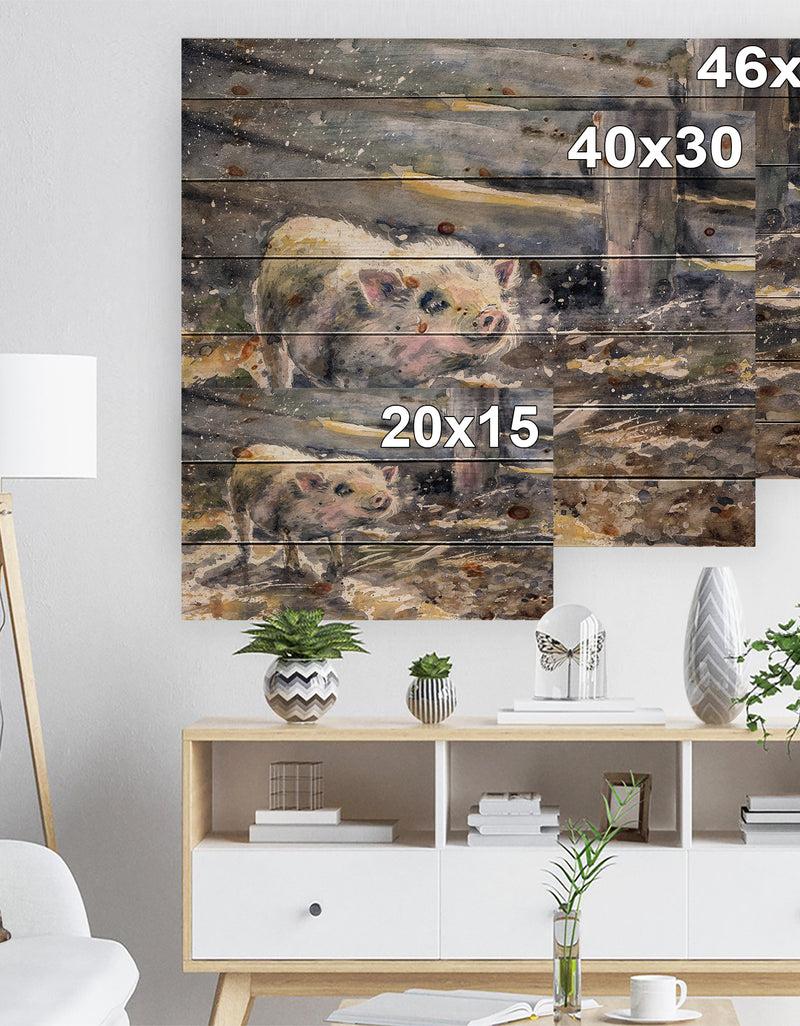 Designq Pig Watercolors Painted - Farmhouse Animal Painting Print On Natural Pine Wood