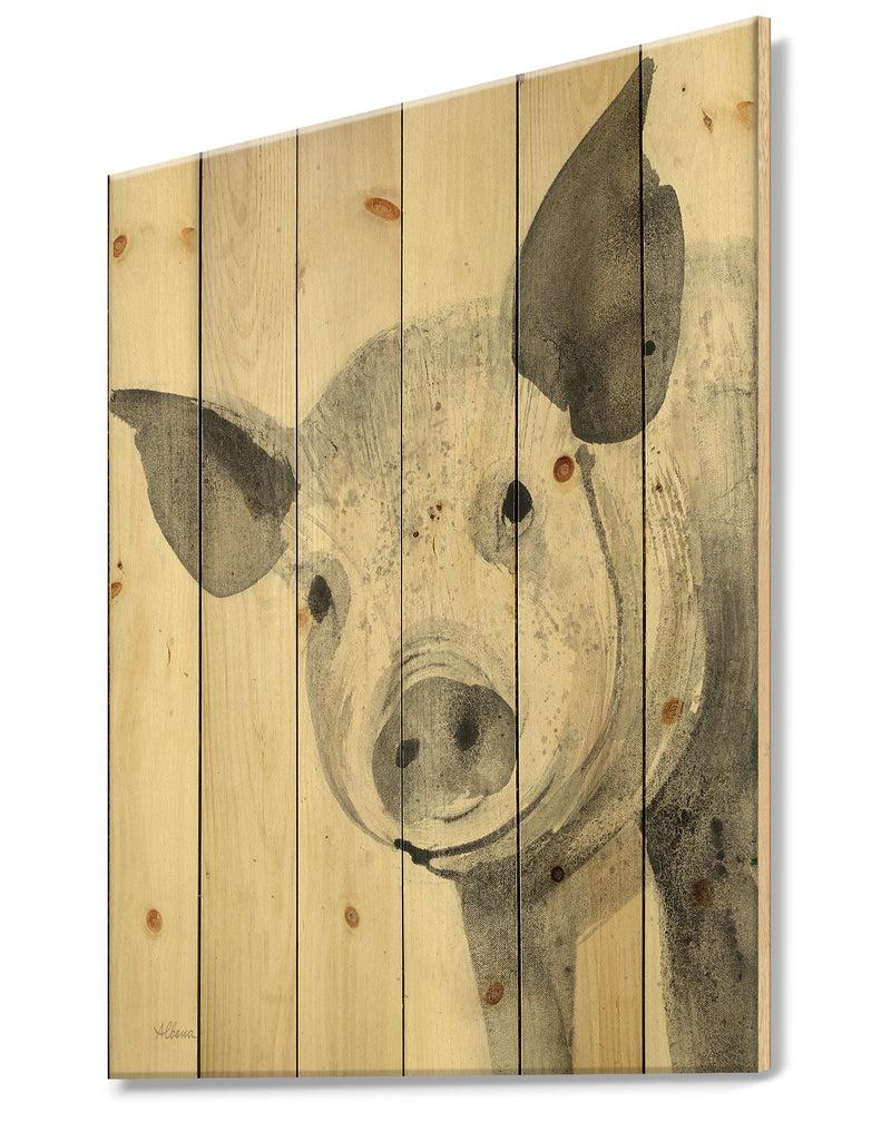 Designq Piglet Farmhouse Animal In Black And White - Farmhouse Animals Print On Natural Pine Wood