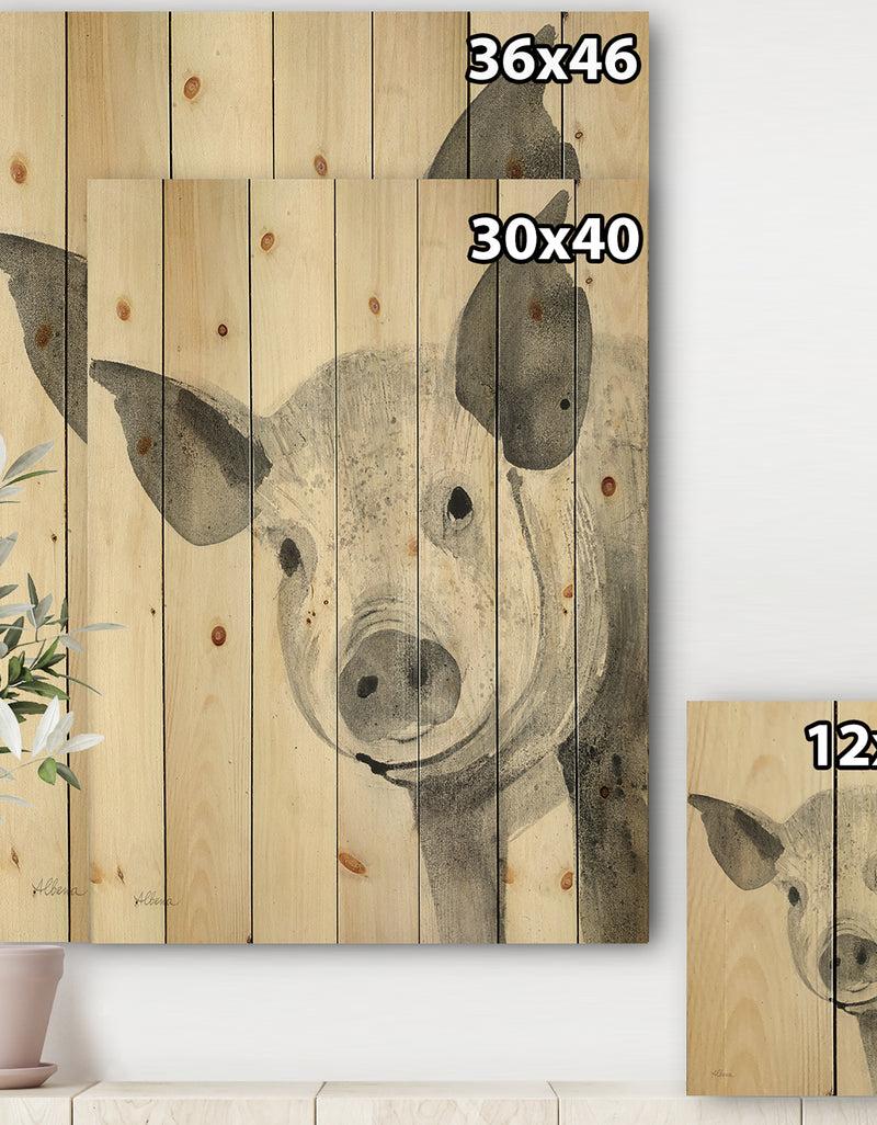 Designq Piglet Farmhouse Animal In Black And White - Farmhouse Animals Print On Natural Pine Wood