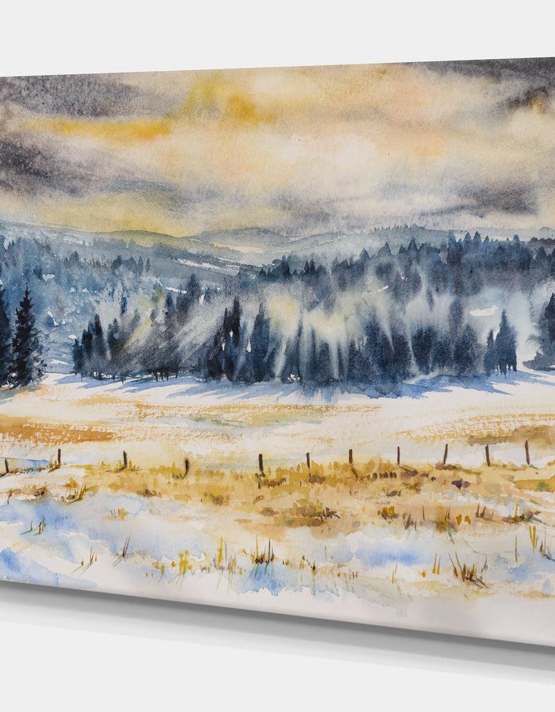 Designq Pine Tree In Winter Season - Landscapes Painting Print On Wrapped Canvas