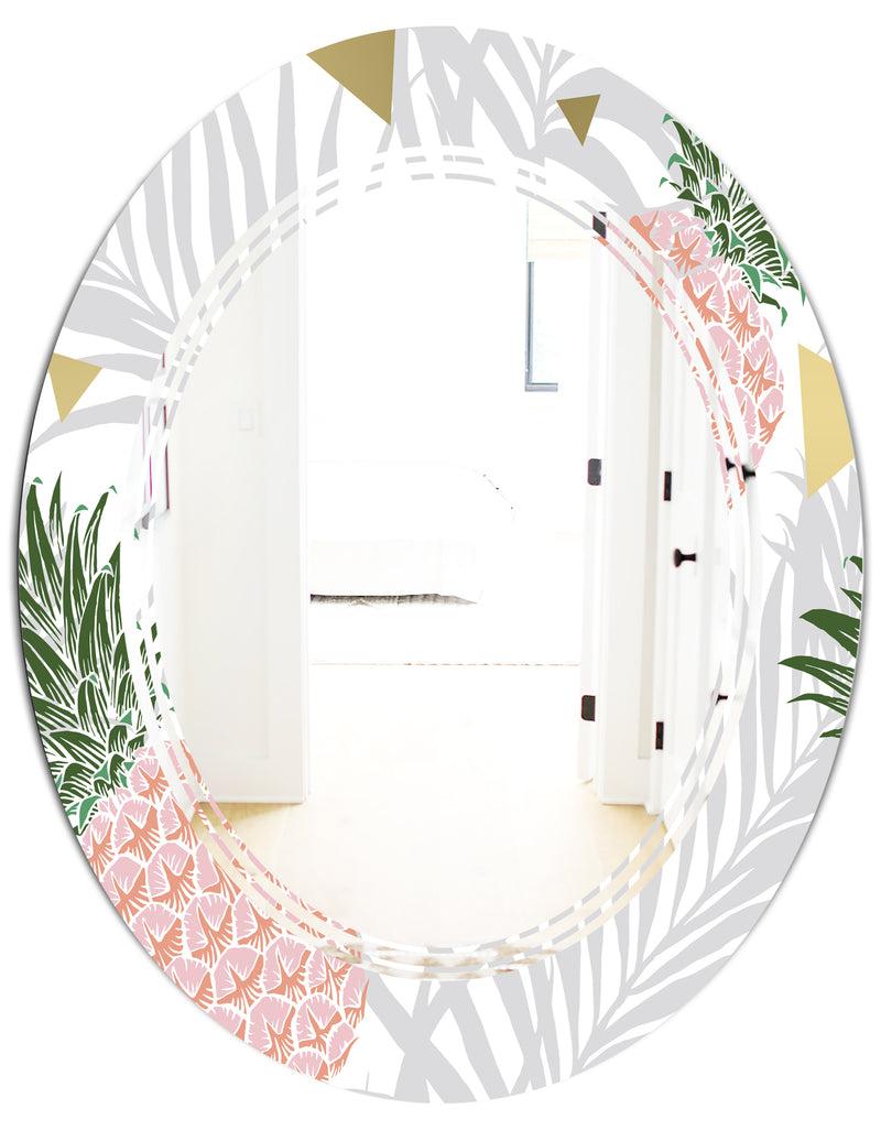 Designq Pineappple On Tropical Leaves - Modern Round Or Oval Wall Mirror - Triple C