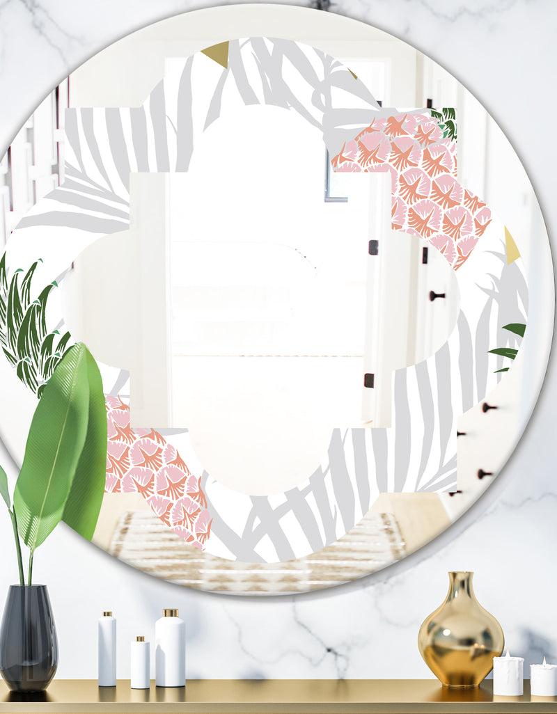 designq Pineappple On Tropical Leaves - Modern Round or Oval Wall Mirror - Quatrefoil
