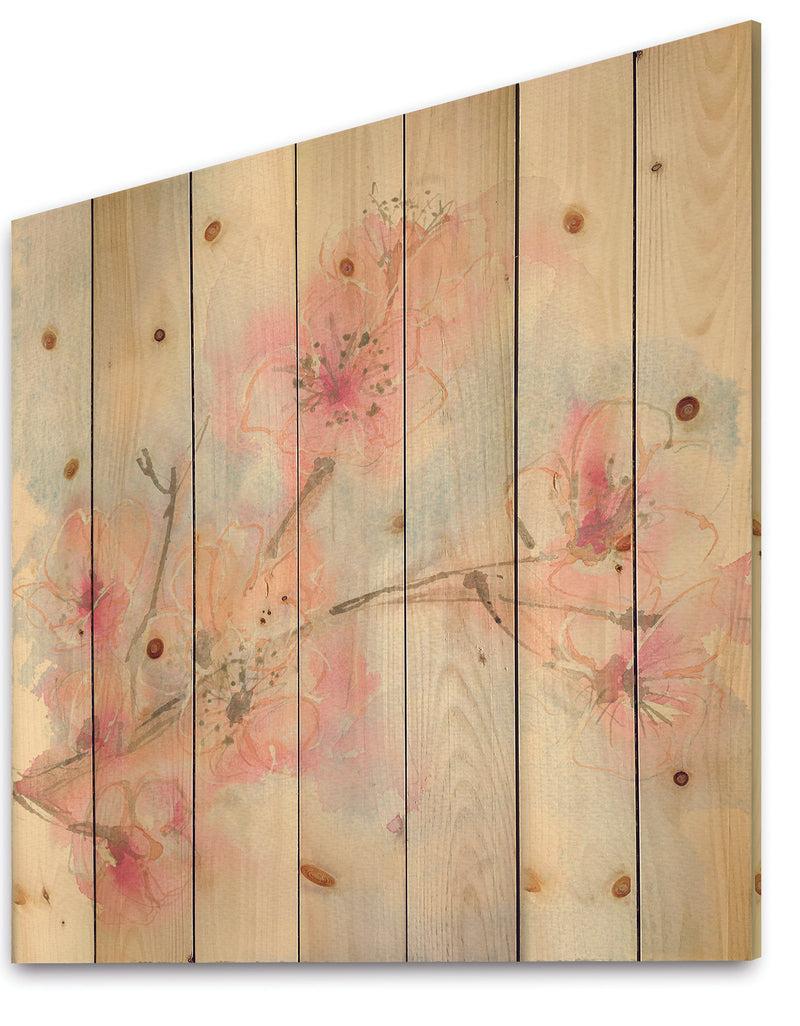 Designq Pink Blossoms Branch - Floral Cottage Print On Natural Pine Wood