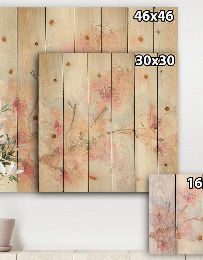 Designq Pink Blossoms Branch - Floral Cottage Print On Natural Pine Wood