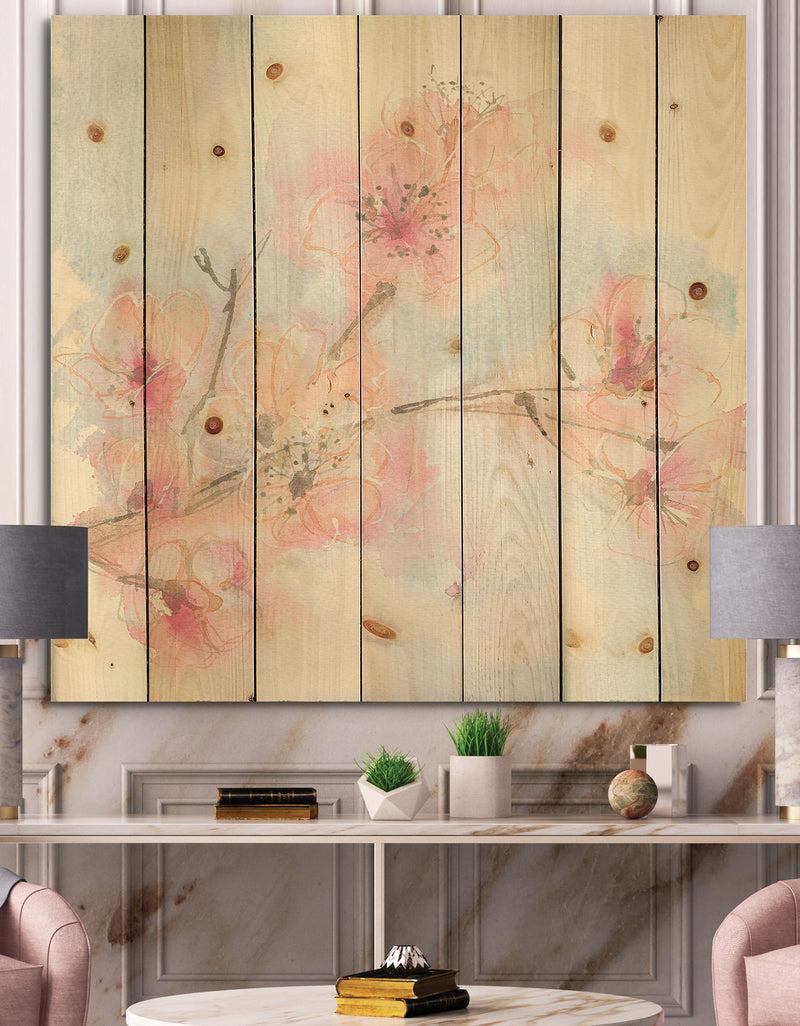 designq Pink Blossoms Branch - Floral Cottage Print on Natural Pine Wood
