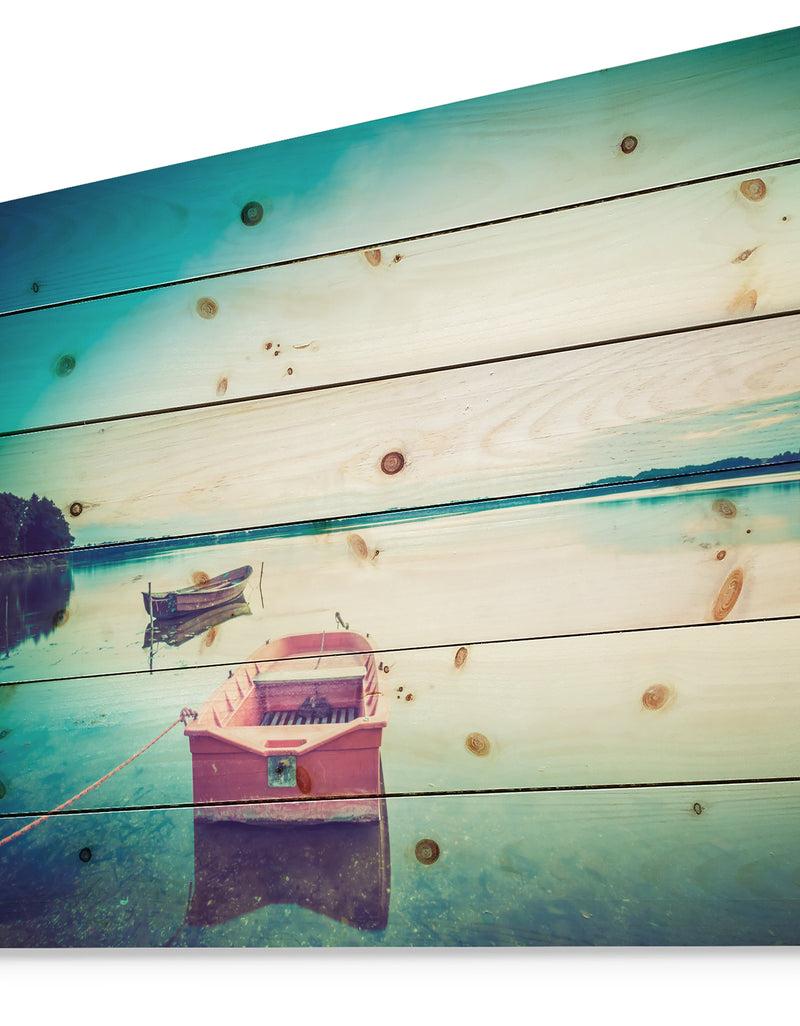 Designq Pink Boat In Vintage Lake - Boat Print On Natural Pine Wood