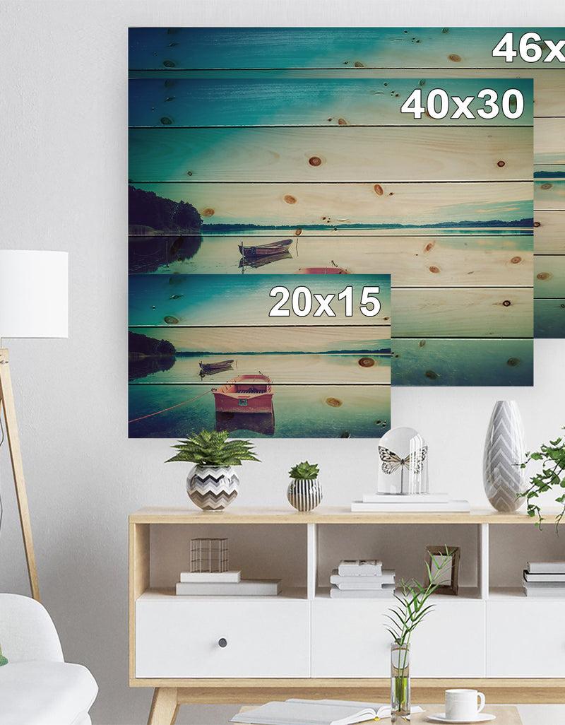 Designq Pink Boat In Vintage Lake - Boat Print On Natural Pine Wood