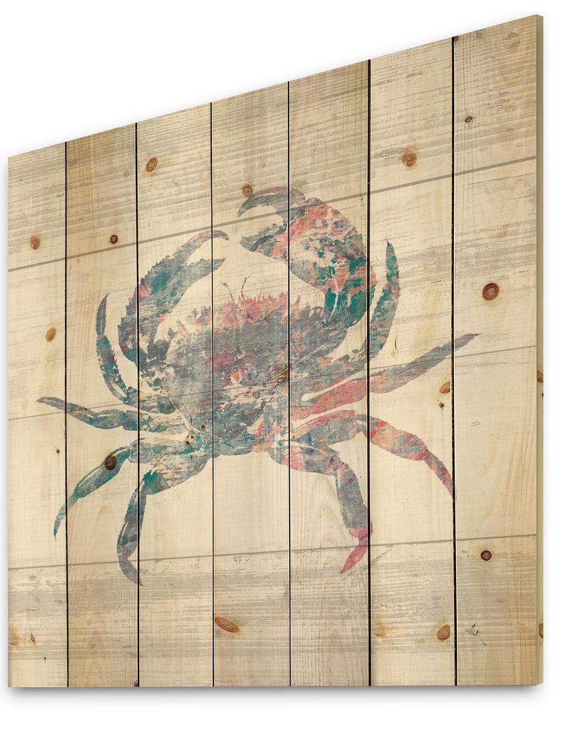 Designq Pink Crab Ocean Life - Nautical & Coastal Print On Natural Pine Wood