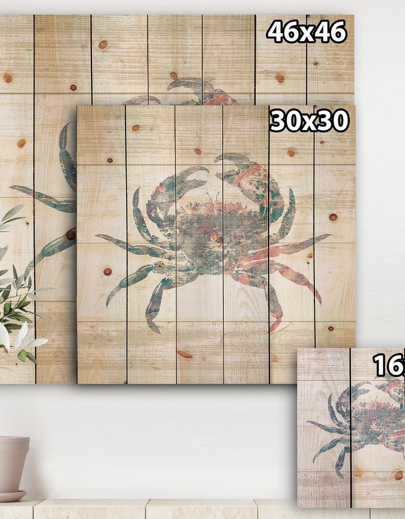 Designq Pink Crab Ocean Life - Nautical & Coastal Print On Natural Pine Wood