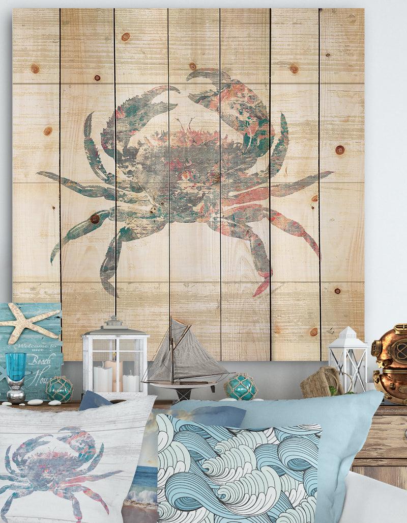 designq Pink Crab Ocean Life - Nautical & Coastal Print on Natural Pine Wood