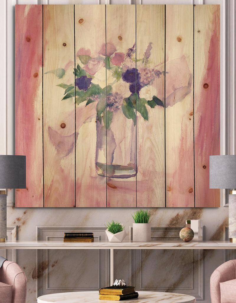 designq Pink Flower Still Life - Shabby Chic Print on Natural Pine Wood