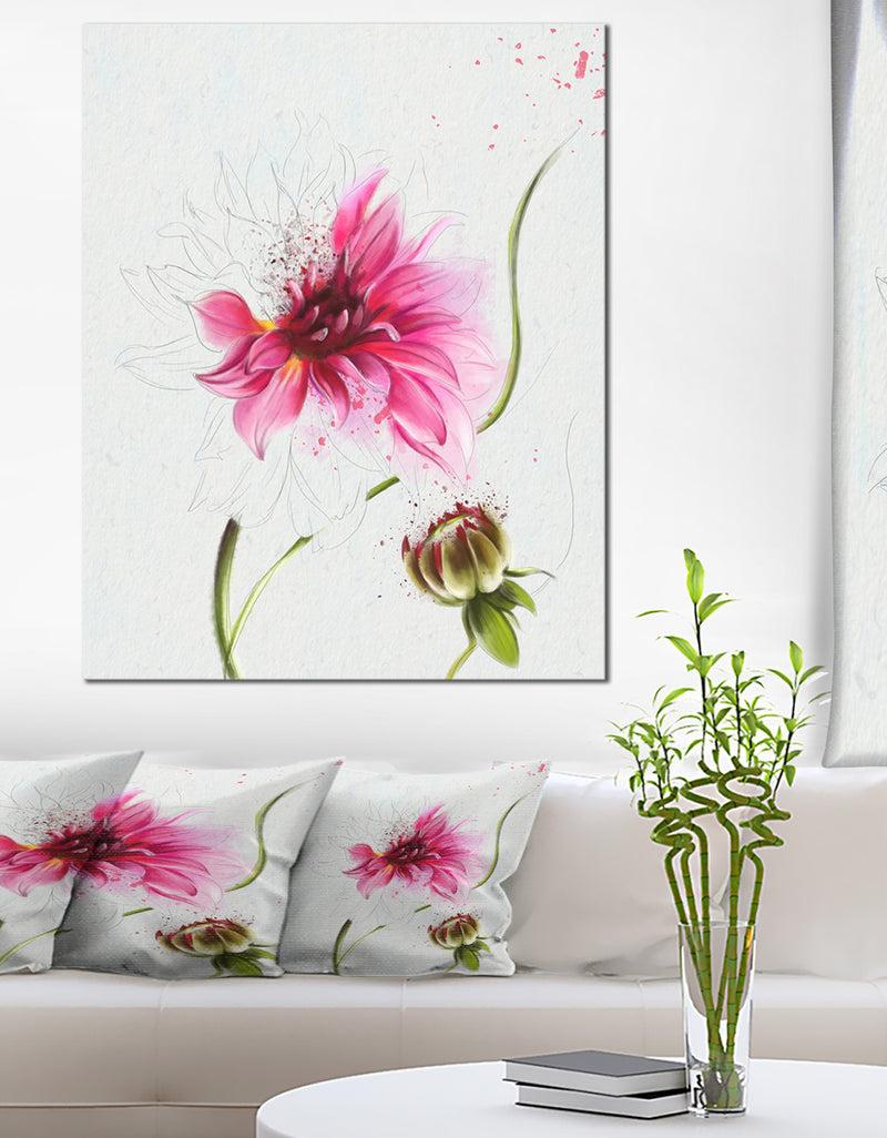 designq Pink Flower with Stem and Bud - Extra Large Floral Canvas Art