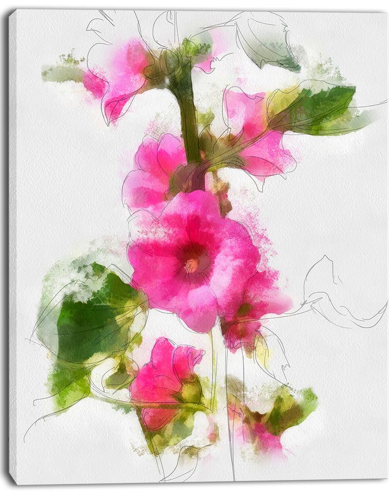 Designq Pink Flower With Stem And Leaves - Large Floral Canvas Artwork
