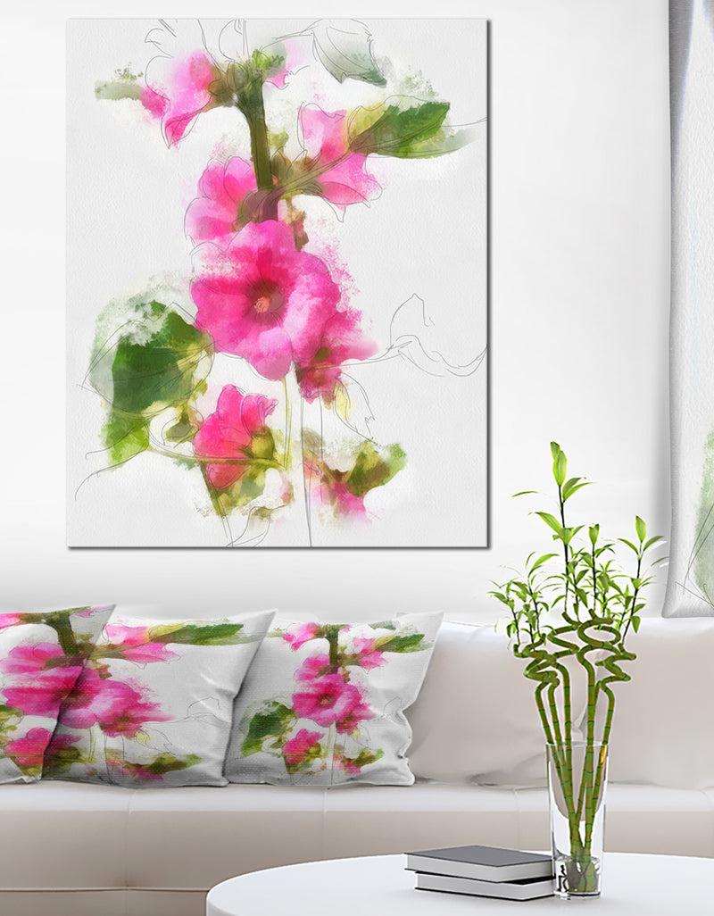 designq Pink Flower with Stem and Leaves - Large Floral Canvas Artwork