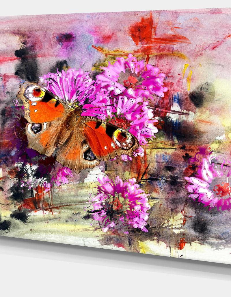 Designq Pink Flowers And Cute Butterflies - Floral Canvas Artwork