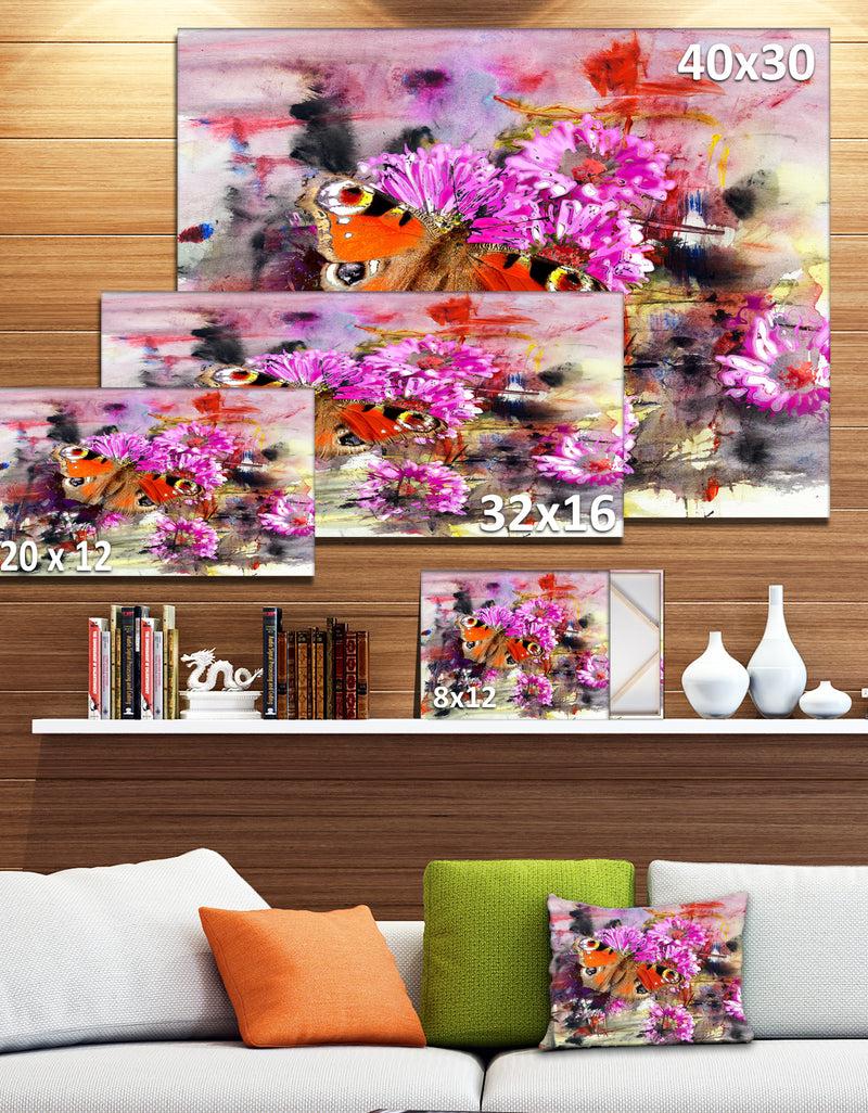 Designq Pink Flowers And Cute Butterflies - Floral Canvas Artwork