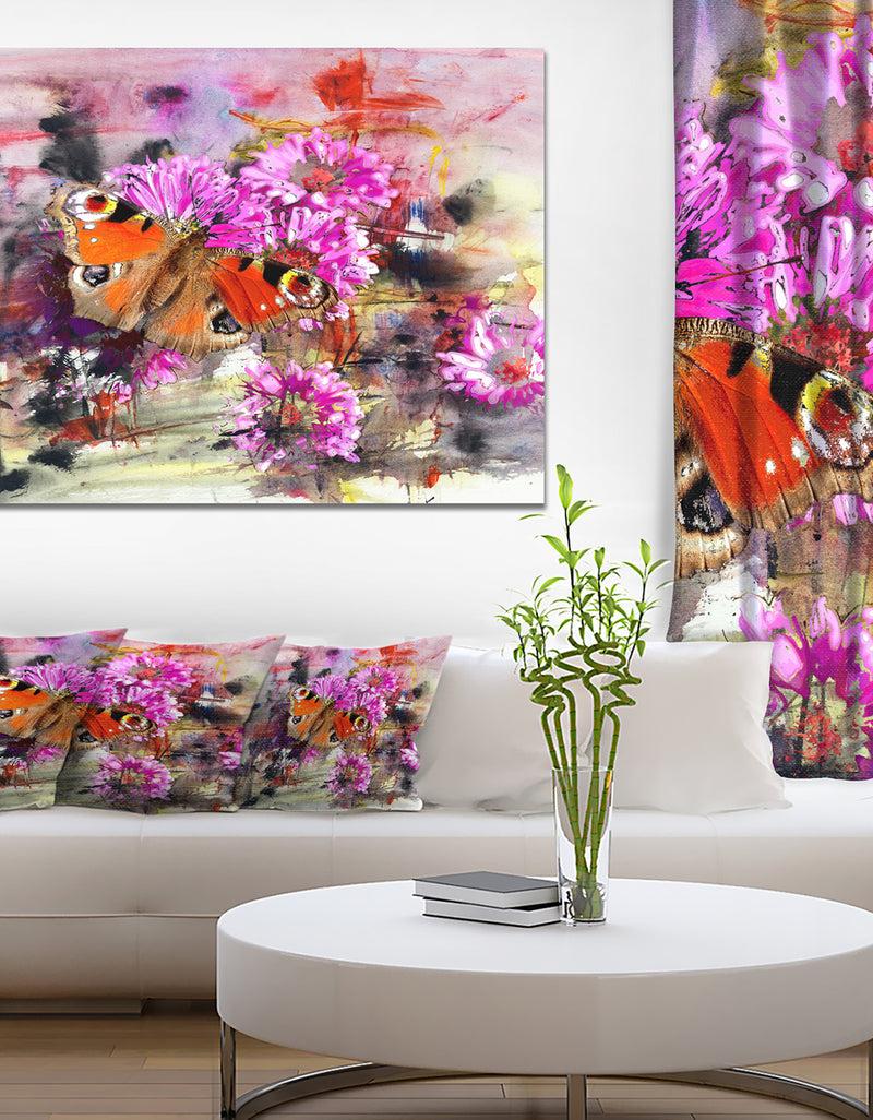 designq Pink Flowers and Cute Butterflies - Floral Canvas Artwork