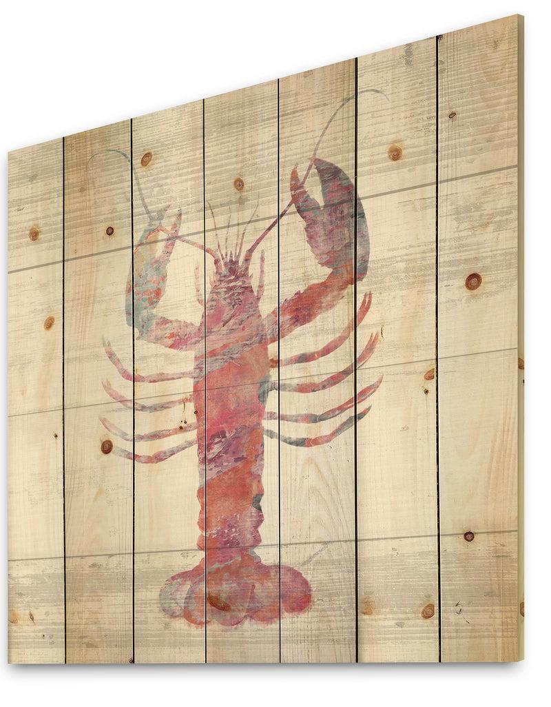 Designq Pink Lobster Ocean Life - Nautical & Coastal Print On Natural Pine Wood