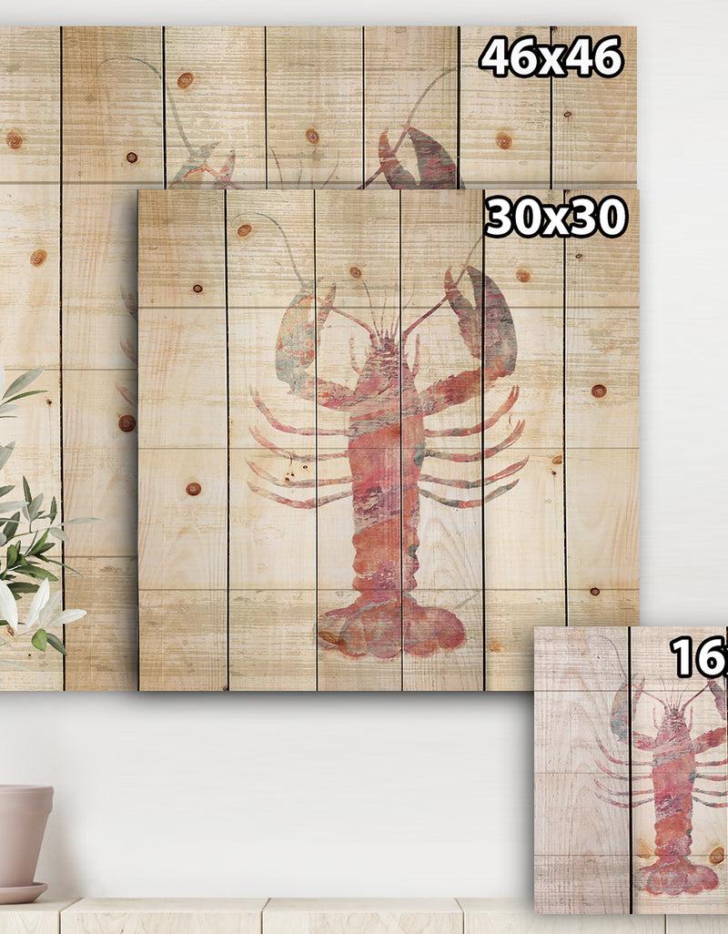 Designq Pink Lobster Ocean Life - Nautical & Coastal Print On Natural Pine Wood