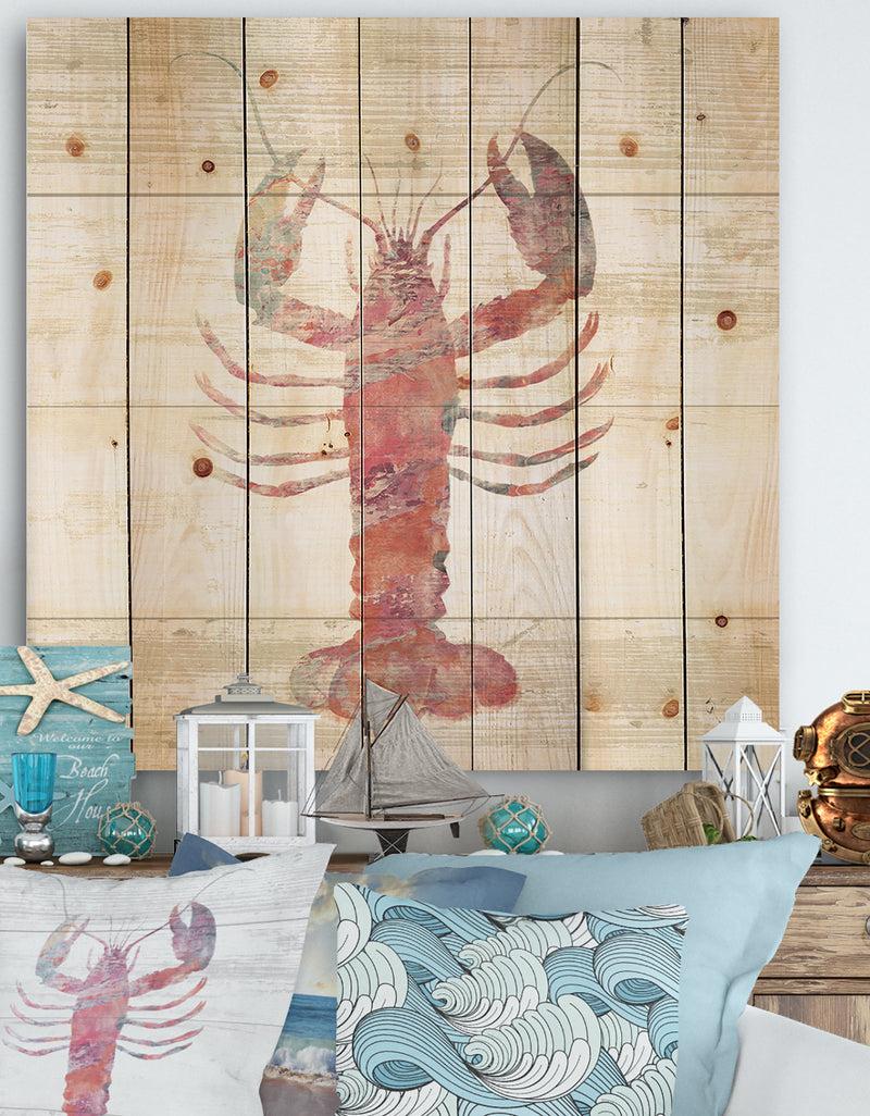 designq Pink lobster Ocean Life - Nautical & Coastal Print on Natural Pine Wood