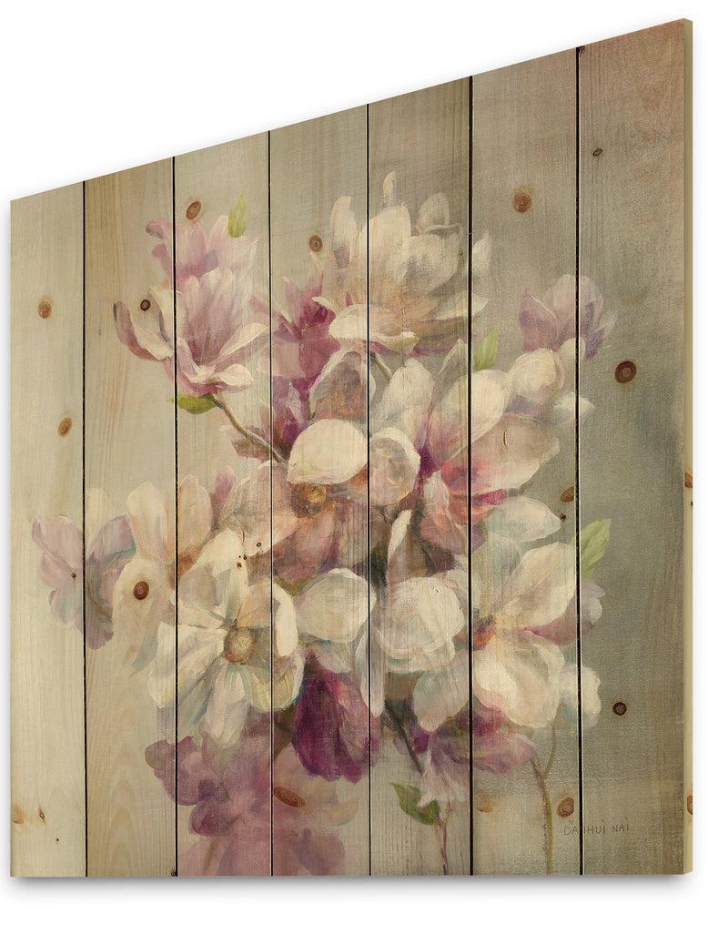 Designq Pink Magnolia Flowers - Shabby Chic Print On Natural Pine Wood