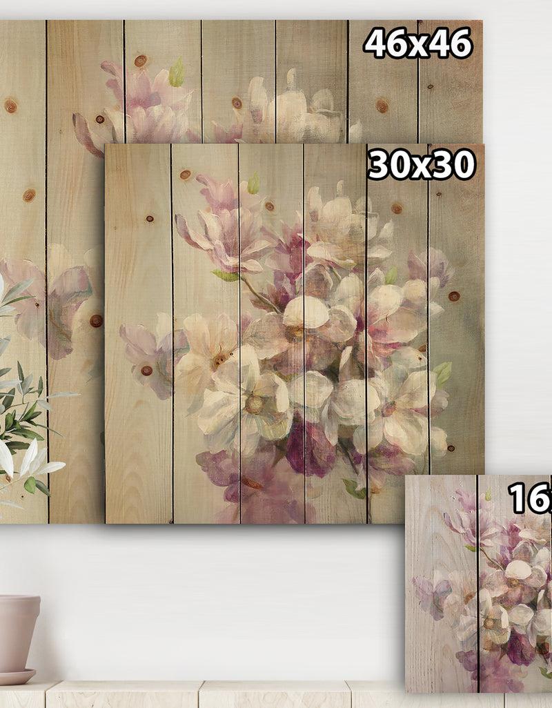 Designq Pink Magnolia Flowers - Shabby Chic Print On Natural Pine Wood