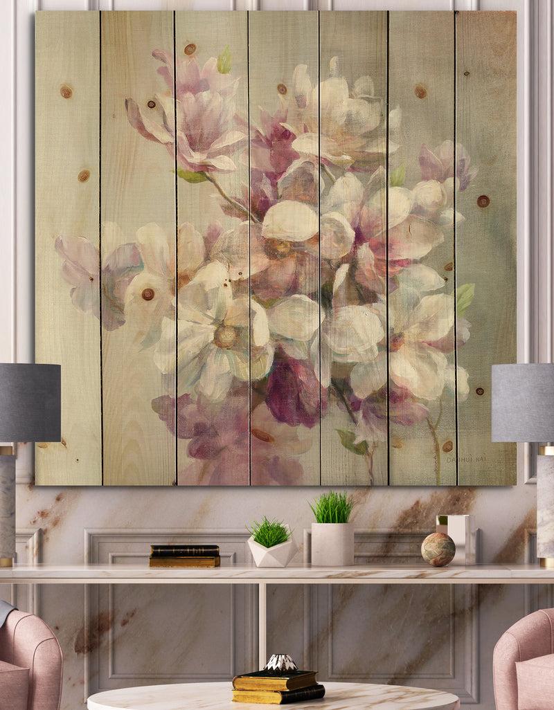 designq Pink Magnolia Flowers - Shabby Chic Print on Natural Pine Wood