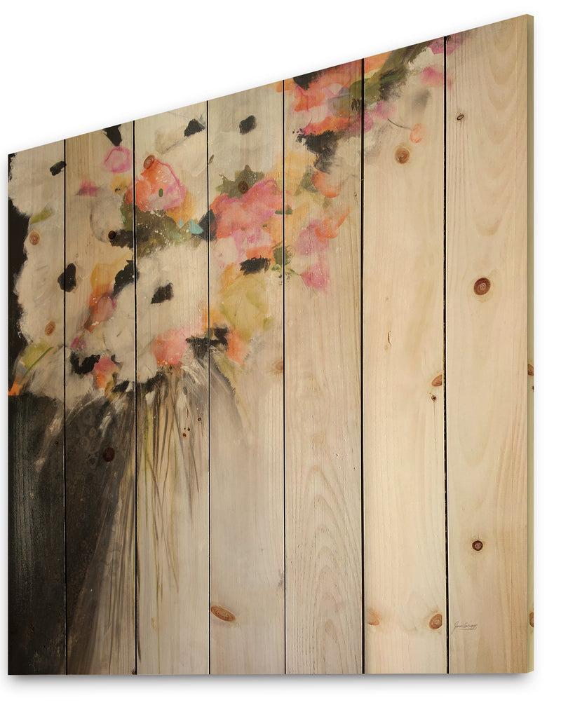 Designq Pink Pastel Flowers - Farmhouse Print On Natural Pine Wood