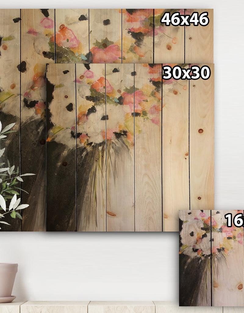 Designq Pink Pastel Flowers - Farmhouse Print On Natural Pine Wood