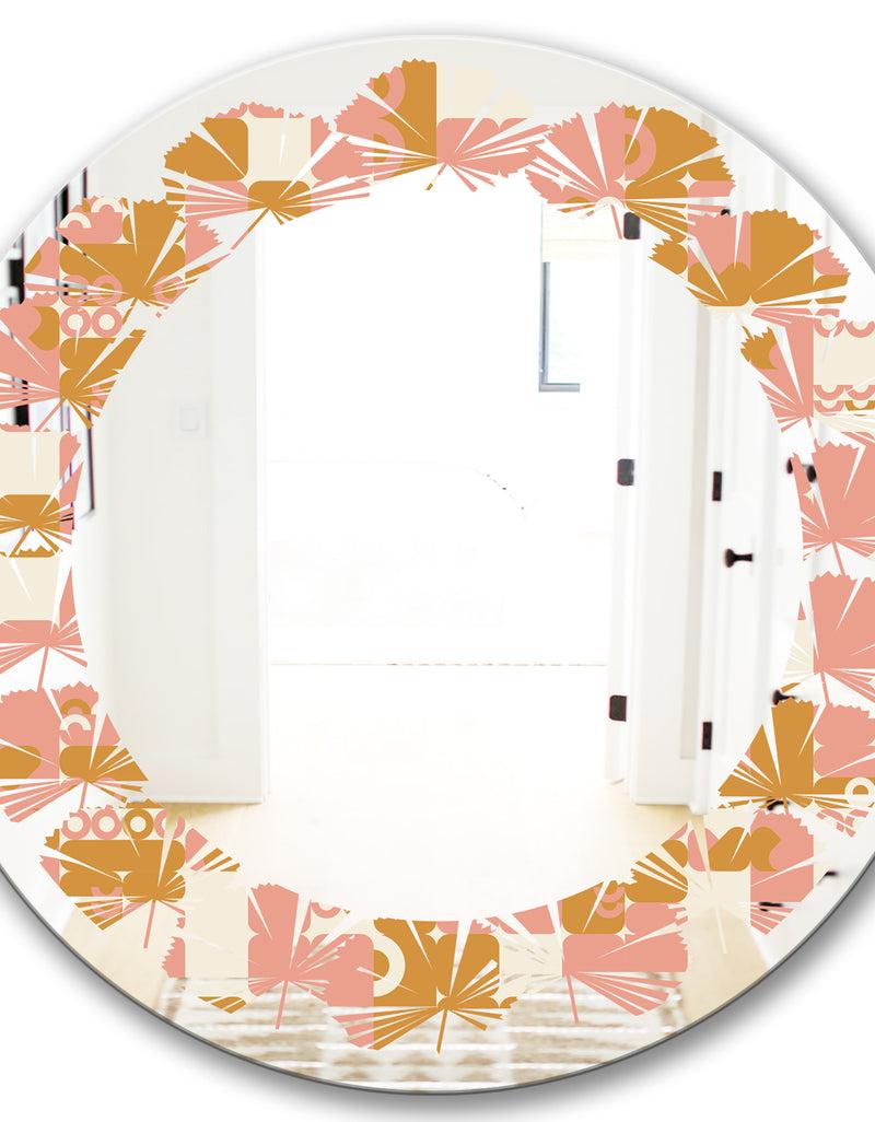 Designq Pink Retro Abstract Design - Modern Round Or Oval Wall Mirror - Leaves