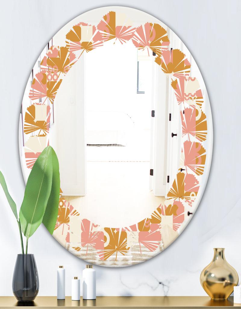 Designq Pink Retro Abstract Design - Modern Round Or Oval Wall Mirror - Leaves