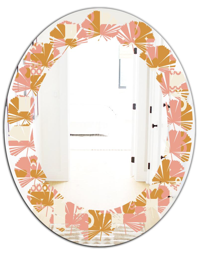 Designq Pink Retro Abstract Design - Modern Round Or Oval Wall Mirror - Leaves