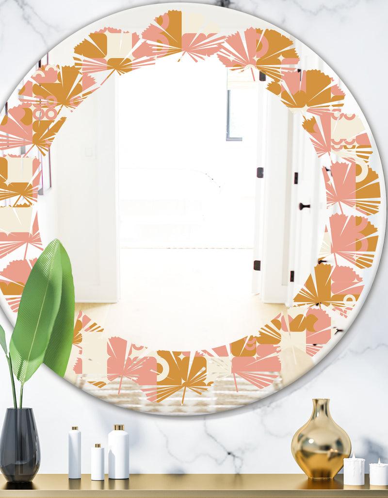 designq Pink Retro Abstract Design - Modern Round or Oval Wall Mirror - Leaves