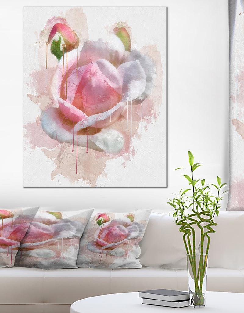designq Pink Rose Flower with Paint Splashes - Large Floral Canvas Artwork