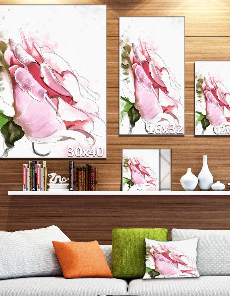 Designq Pink Rose Illustration On White - Flower Canvas Print Artwork