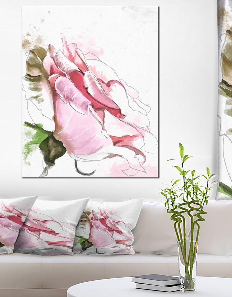 designq Pink Rose Illustration on White - Flower Canvas Print Artwork