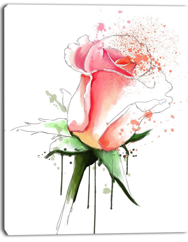 Designq Pink Rose Sketch With Green Calyx - Floral Canvas Artwork Print