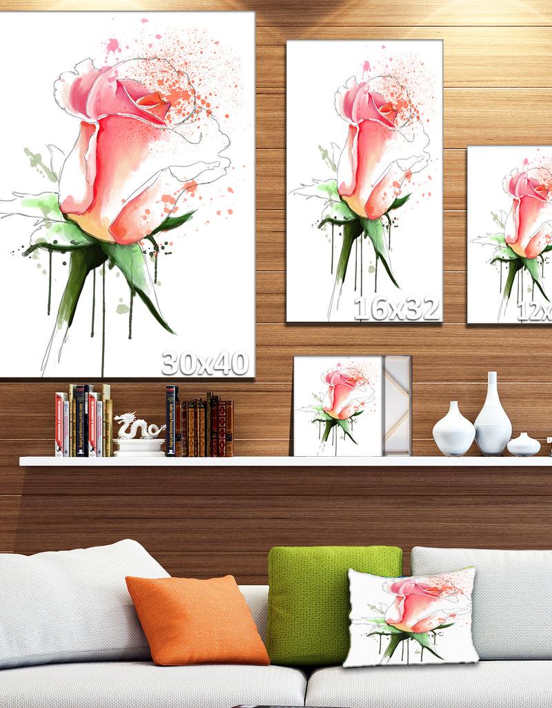 Designq Pink Rose Sketch With Green Calyx - Floral Canvas Artwork Print