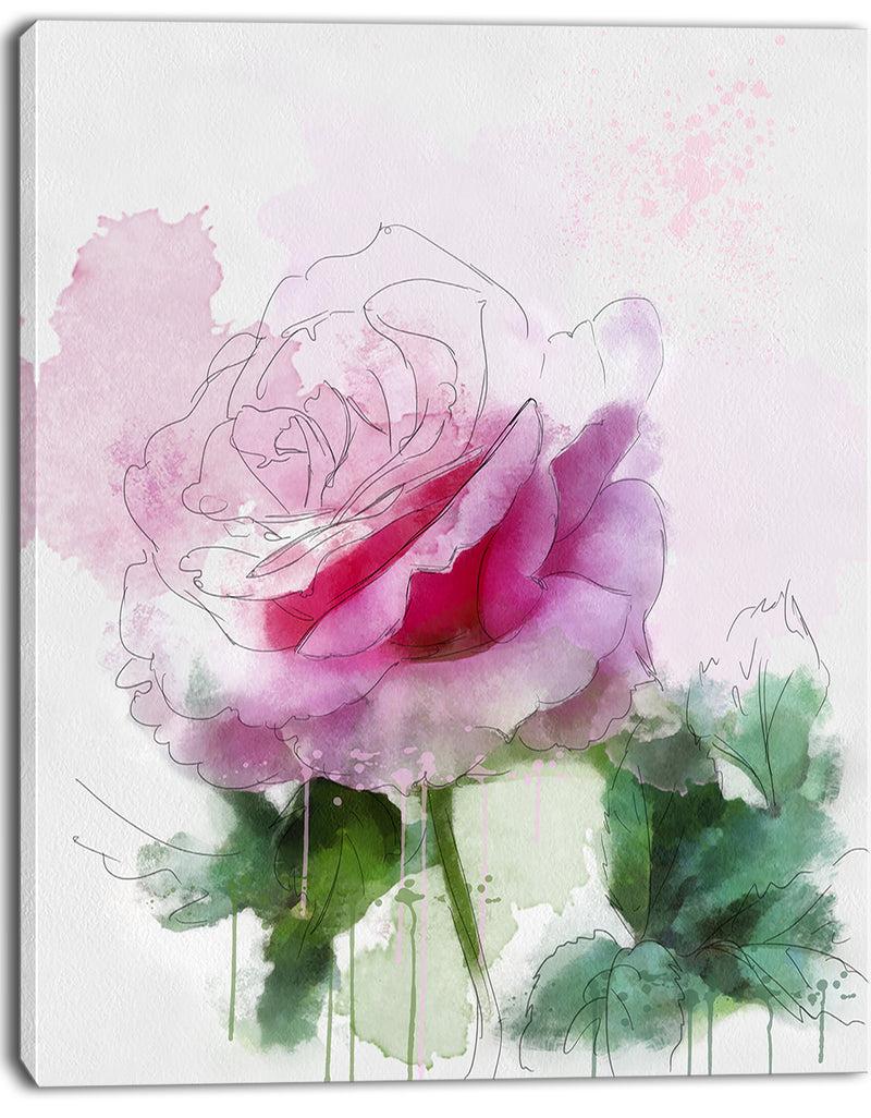 Designq Pink Rose Sketch With Green Leaves - Extra Large Floral Canvas Art