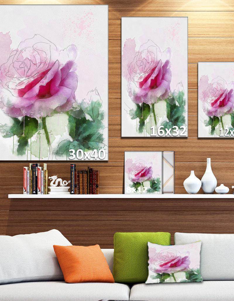 Designq Pink Rose Sketch With Green Leaves - Extra Large Floral Canvas Art