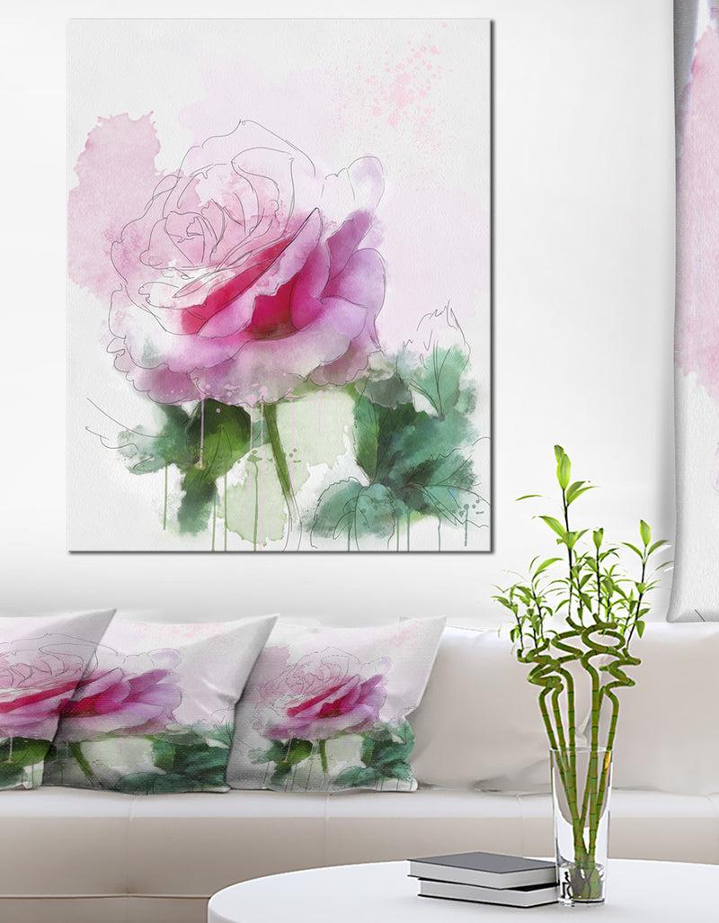 designq Pink Rose Sketch with Green Leaves - Extra Large Floral Canvas Art