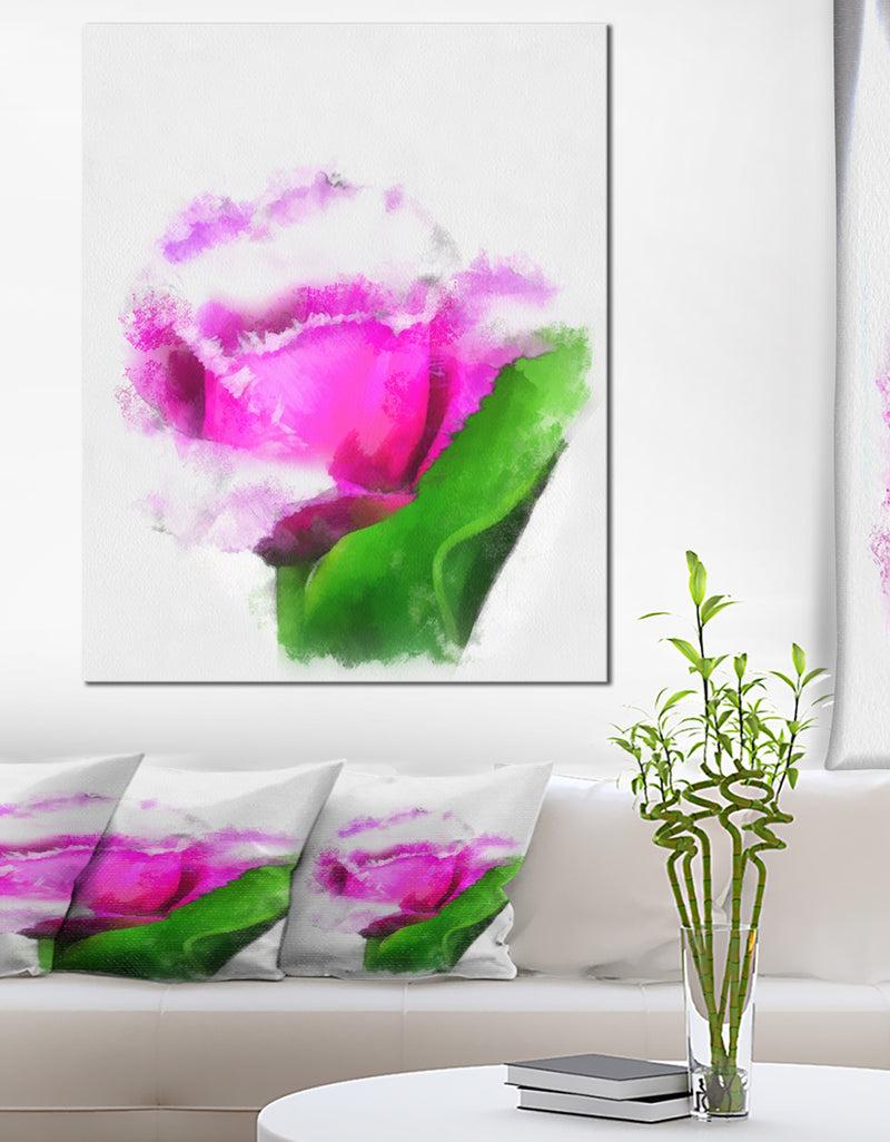 designq Pink Rose Watercolor with Leaves - Large Floral Canvas Artwork