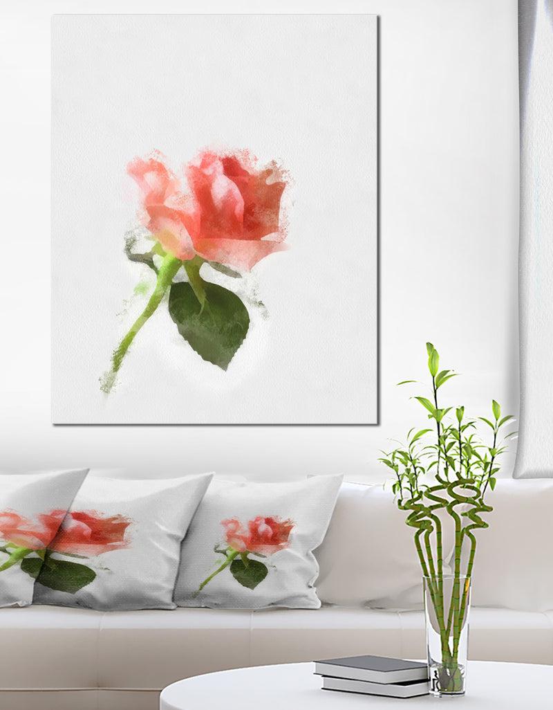 designq Pink Rose Watercolor with Stem - Large Floral Canvas Artwork