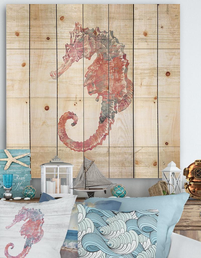 designq Pink seahorses Ocean Life - Nautical & Coastal Print on Natural Pine Wood