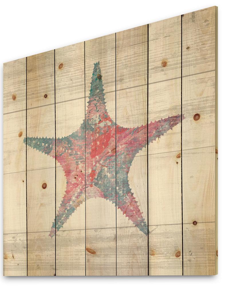 Designq Pink Starfish Ocean Life - Nautical & Coastal Print On Natural Pine Wood